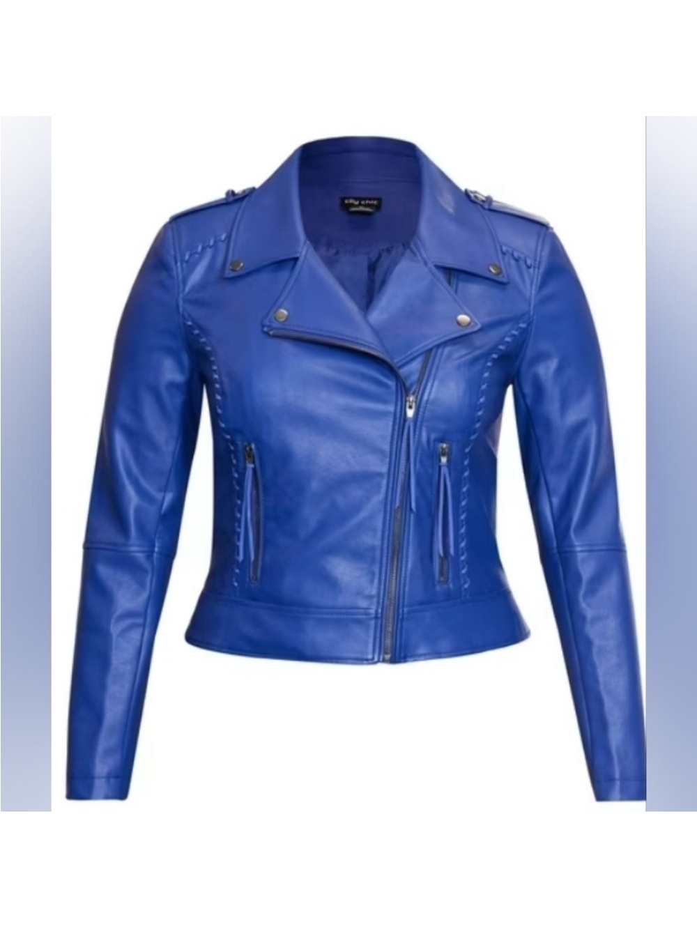 CITY CHIC BLUE FAUX LEATHER JACKET TOP SIZE S/16 MSRP $139.00 NWOT